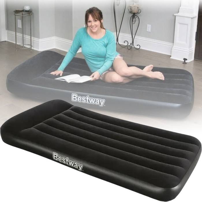 Односпальне велюрова надувне ліжко з підголовником Bestway 67556 з вбудованим насосом 188х99х30 см Чорний