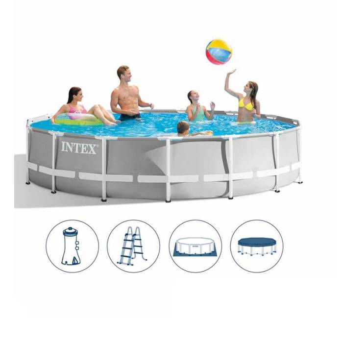 Каркасний круглий басейн підстилкою 427x107 см Intex 26720 з фільтром та сходами на 12706 л сірий