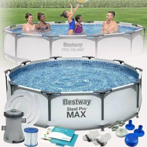 Каркасний круглий басейн 366х76 см Bestway 56416 з фільтр-насосом та ремкомплектом на 6470 л Сірий Каркасний круглий басейн 366х76 см Bestway 56416 з фільтр-насосом та ремкомплектом на 6470 л Сірий