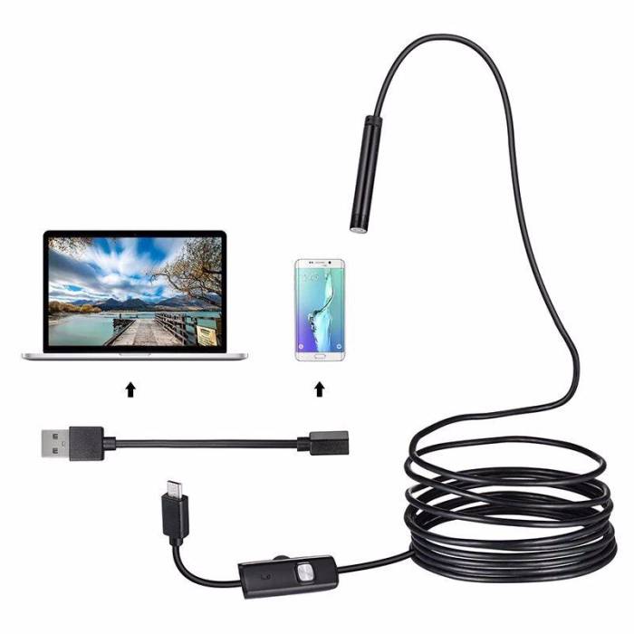 Эндоскоп с камерой и Micro-USB на 2 метра и LED подсветкой на 7 мм Гибкий эндоскоп с зеркалом и магнитом
