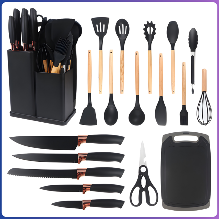 Набір силіконового кухонного приладдя 19 предметів Чорний Kitchen Set Кухонний набір із дощечкою