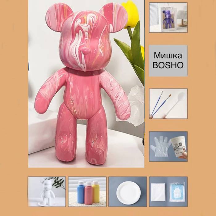 Набор для творчества с красками Медвежонок 23 см BOSHO Bear YELLOW Флюидный Мишка и 3 краски в комплекте
